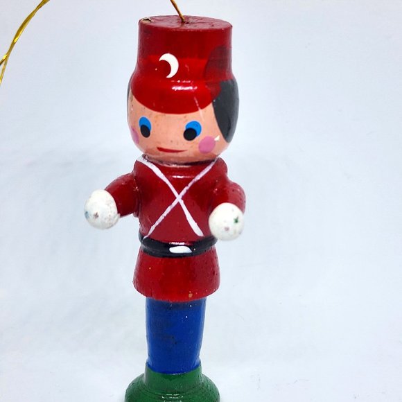 Vintage Christmas Standing Tin Soldier Hand Painted Wood Ornament - Picture 5 of 8
